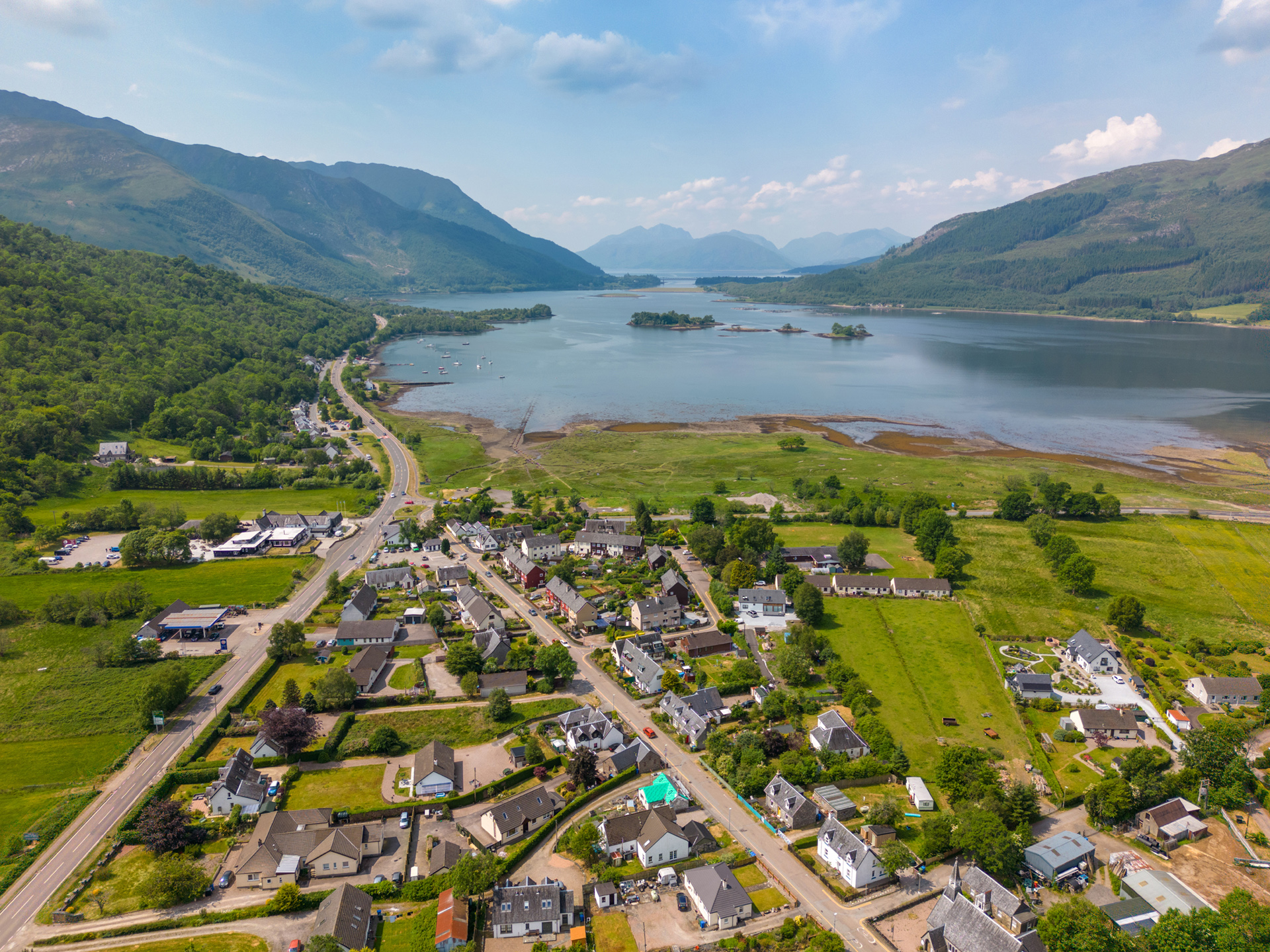 Aerial drone photo of the village Glencoe in the highlands of Scotland