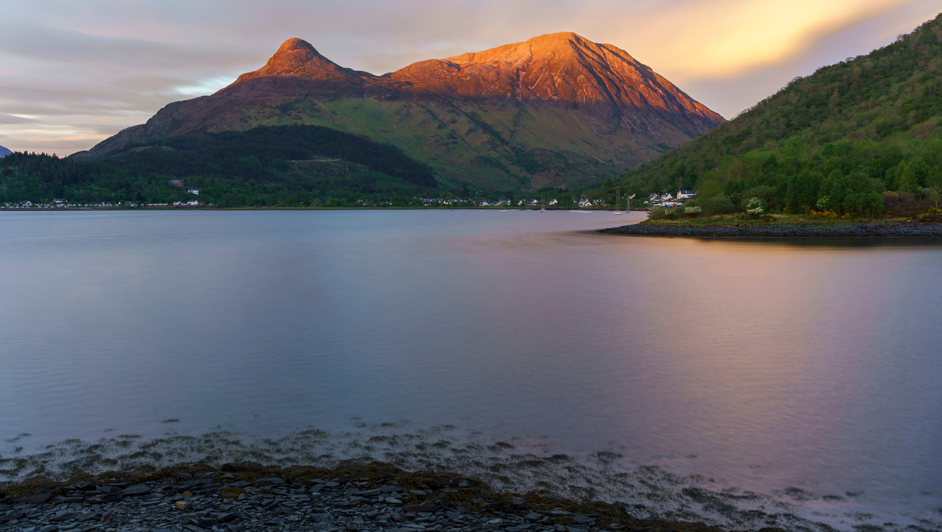 Panorama of Loch Leven and surrounding Scottish Highlands landscape
