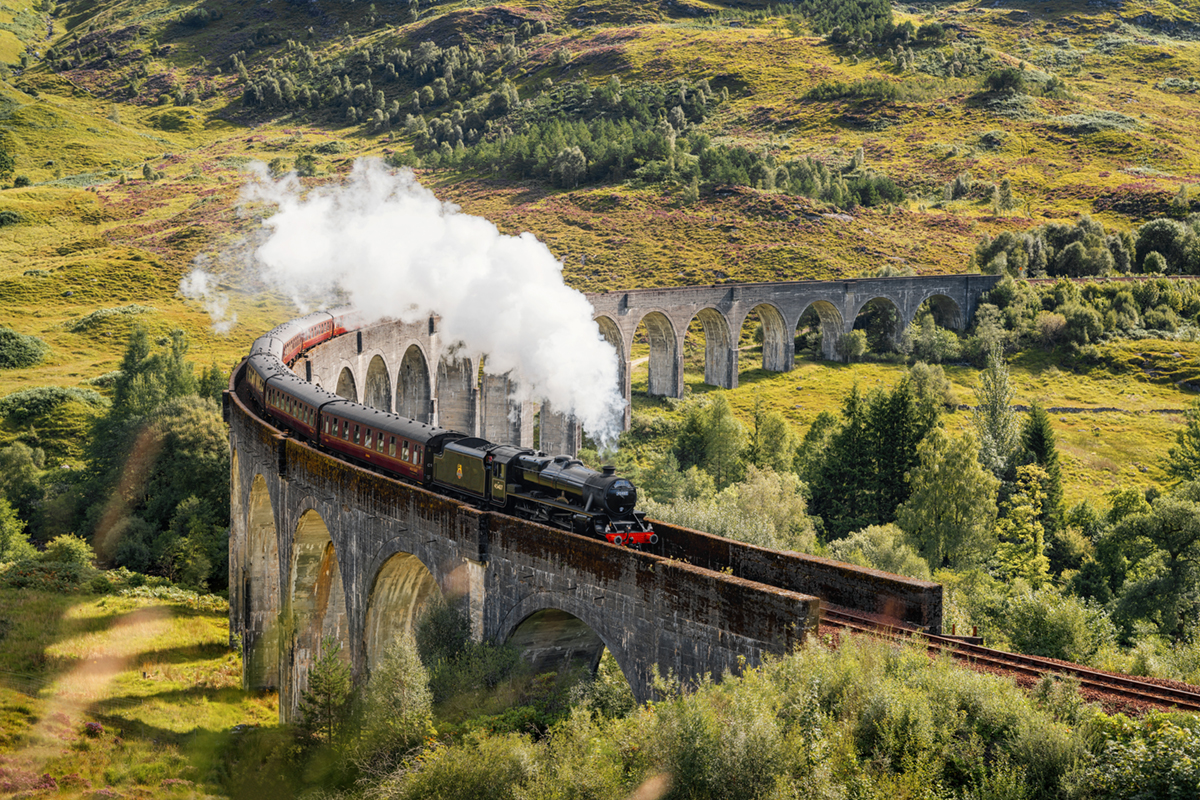 Steam Train on Glenfinnan Viaduct in Scotland