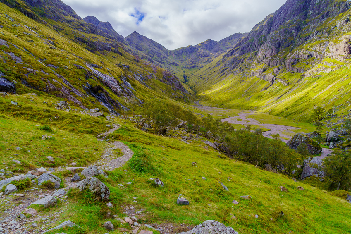 View of the landscape of the hidden valley, Glencoe, in the West Highlands of Scotland